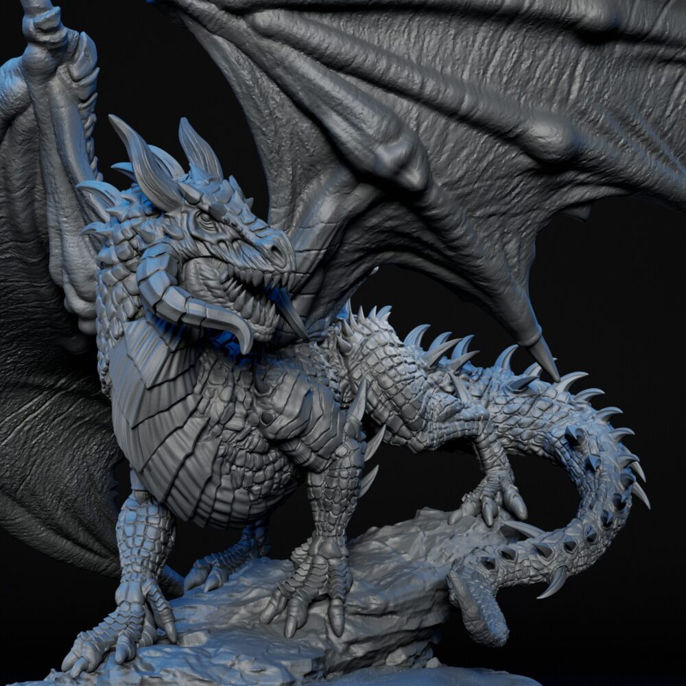 Front closeup of High-detailed ancient black dragon RPG fine art miniature for collectors, sculpted by Alex Oliver for Fantastic Art Studios.