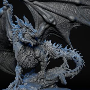 Front closeup of High-detailed ancient black dragon RPG fine art miniature for collectors, sculpted by Alex Oliver for Fantastic Art Studios.