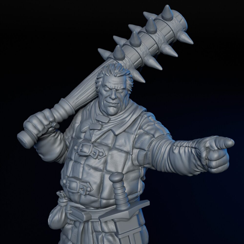 Front closeup of High-detailed 35mm bandit enforcer RPG fine art miniature for collectors, sculpted by Alex Oliver for Fantastic Art Studios.