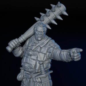 Front closeup of High-detailed 35mm bandit enforcer RPG fine art miniature for collectors, sculpted by Alex Oliver for Fantastic Art Studios.