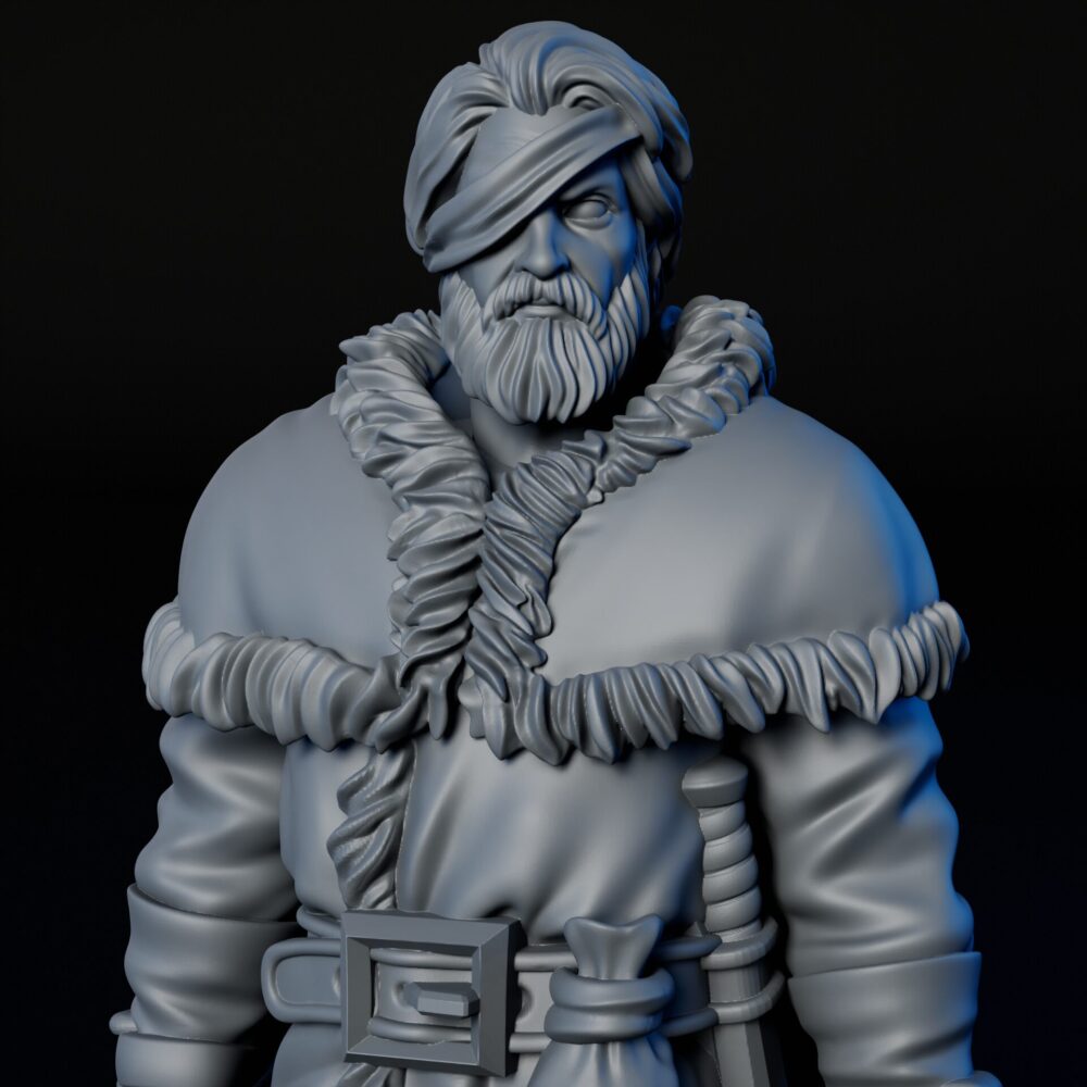 Front closeup of High-detailed 35mm bandit leader RPG fine art miniature for collectors, sculpted by Alex Oliver for Fantastic Art Studios.