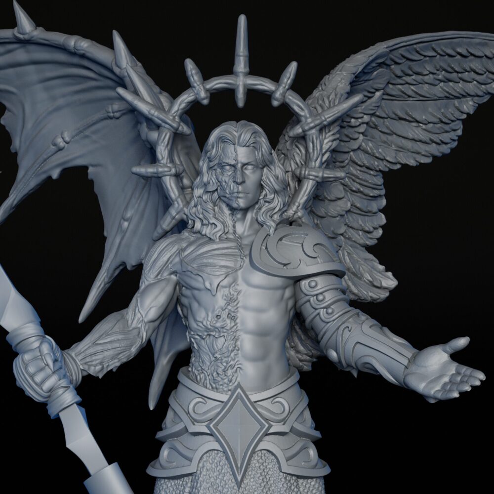 Front closeup of High-detailed fallen angel RPG fine art miniature for collectors, sculpted by Cicero DAvila for Fantastic Art Studios.