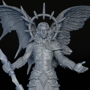 Front closeup of High-detailed fallen angel RPG fine art miniature for collectors, sculpted by Cicero DAvila for Fantastic Art Studios.