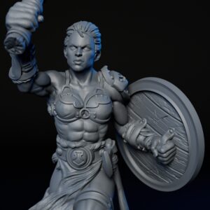 Front closeup of 35mm female human barbarian RPG fine art miniature for collectors, sculpted by Alex Oliver for Fantastic Art Studios.