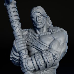 Front closeup of 35mm male human barbarian RPG fine art miniature for collectors, sculpted by Alex Oliver for Fantastic Art Studios.