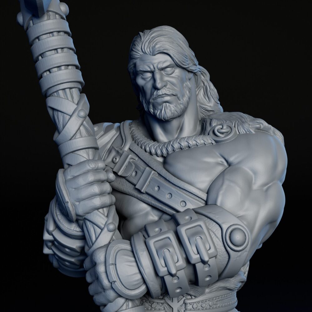 Front closeup of 75mm male human barbarian RPG fine art statue for collectors, sculpted by Alex Oliver for Fantastic Art Studios.