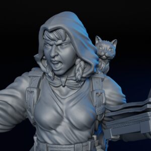 Front closeup of 35mm female human mage RPG fine art miniature for collectors, sculpted by Alex Oliver for Fantastic Art Studios.