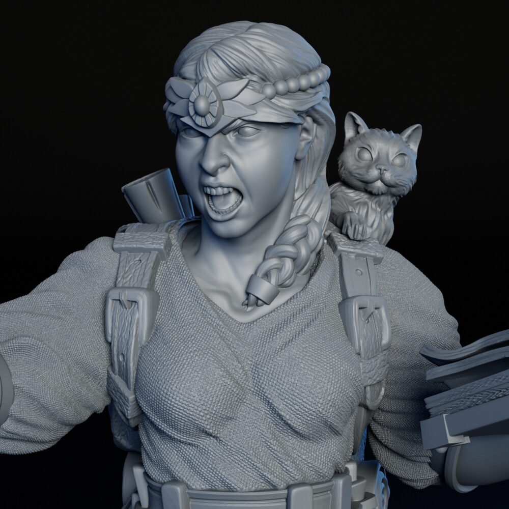 Front closeup of 75mm female human mage RPG fine art statue for collectors, sculpted by Alex Oliver for Fantastic Art Studios.