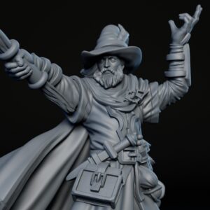 Front closeup of 35mm male human mage RPG fine art miniature for collectors, sculpted by Alex Oliver for Fantastic Art Studios.