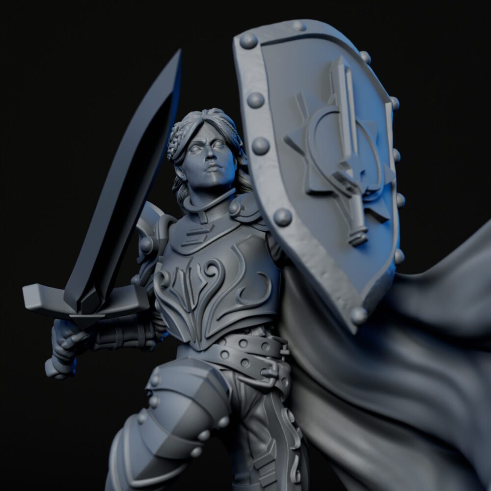 Front closeup of 35mm female human warrior RPG fine art miniature for collectors, sculpted by Alex Oliver for Fantastic Art Studios.