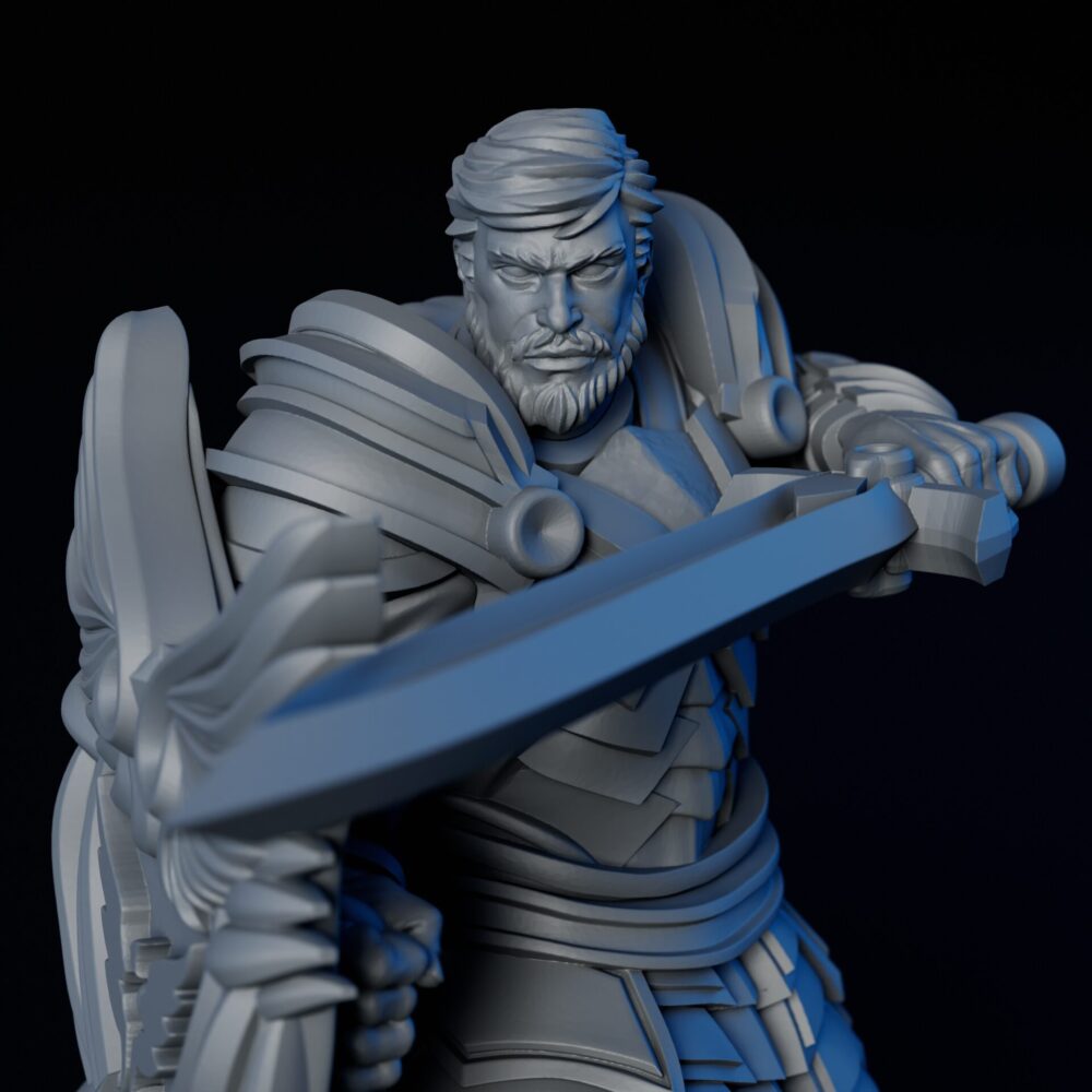Front closeup of 35mm male human warrior RPG fine art miniature for collectors, sculpted by Alex Oliver for Fantastic Art Studios.
