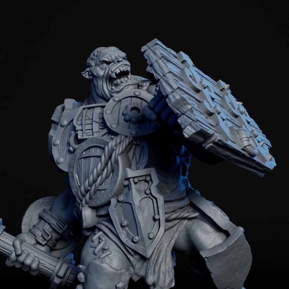Front closeup of high-detailed 35mm ogre mercenary RPG fine art miniature for collectors, sculpted by Alex Oliver for Fantastic Art Studios.