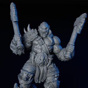 Front closeup of high-detailed 35mm orc berserker RPG fine art miniature for collectors, sculpted by Alex Oliver for Fantastic Art Studios.