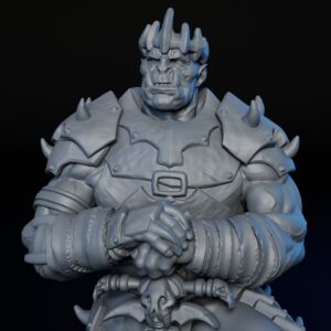 Front closeup of high-detailed 35mm orc king RPG fine art miniature for collectors, sculpted by Alex Oliver for Fantastic Art Studios.