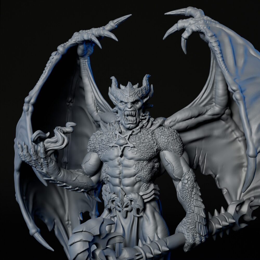 Front closeup of high-detailed 35mm pit fiend RPG fine art miniature for collectors, sculpted by Alex Oliver for Fantastic Art Studios.