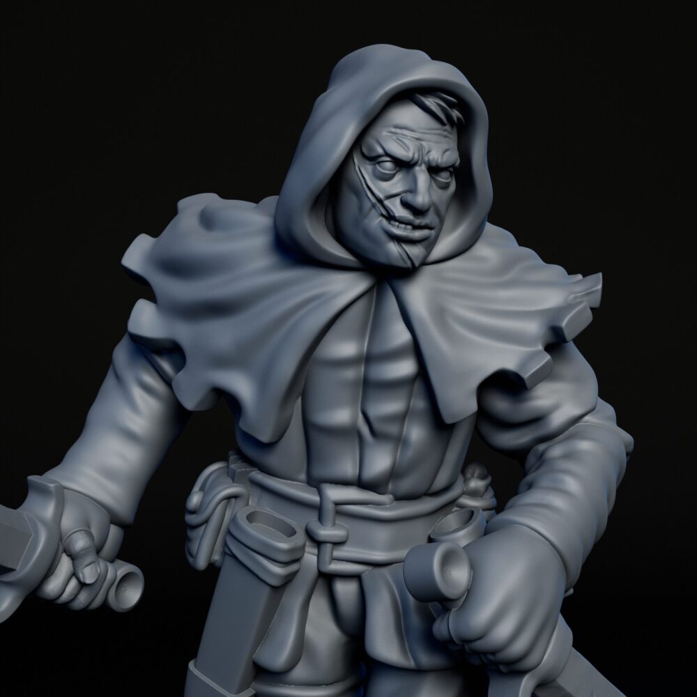 Front closeup of high-detailed 35mm rogue bandit RPG fine art miniature for collectors, sculpted by Alex Oliver for Fantastic Art Studios.