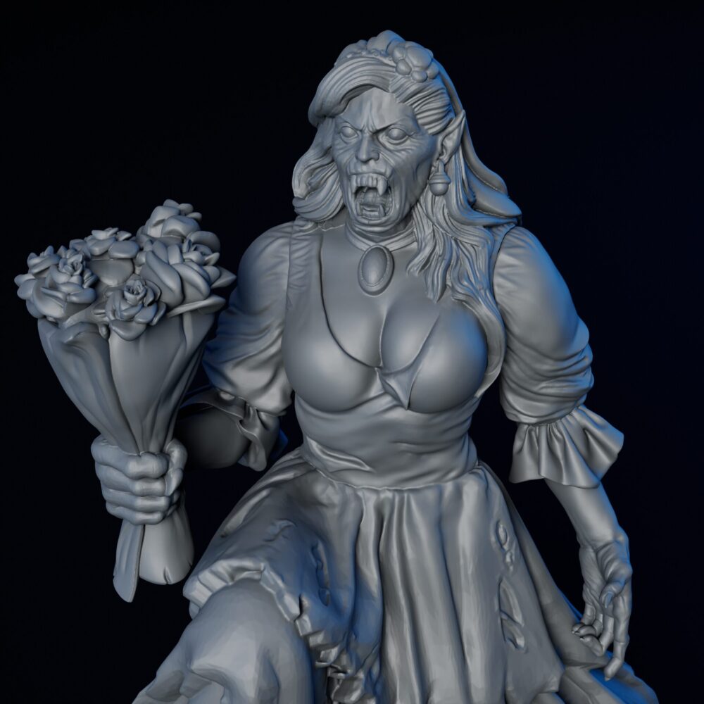 Front closeup of high-detailed 35mm vampire bride RPG fine art miniature for collectors, sculpted by Alex Oliver for Fantastic Art Studios.