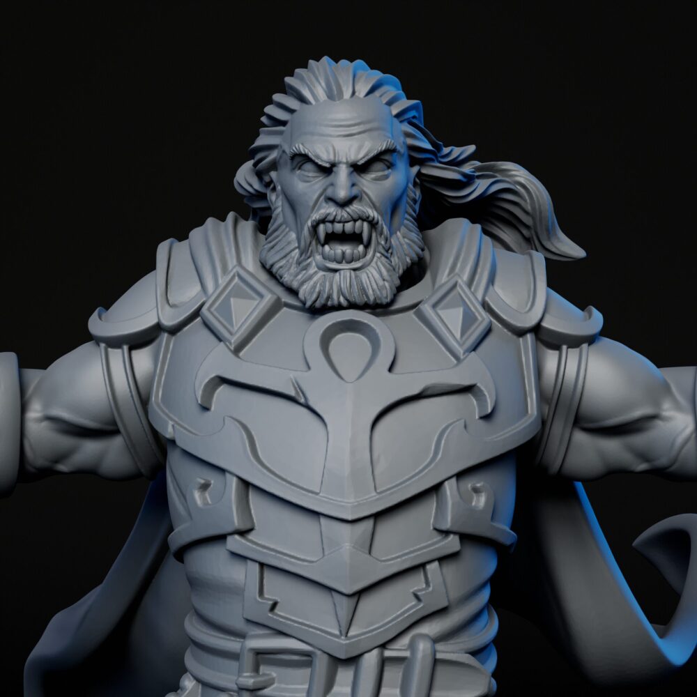 Front closeup of high-detailed 35mm vampire lord RPG fine art miniature for collectors, sculpted by Alex Oliver for Fantastic Art Studios.